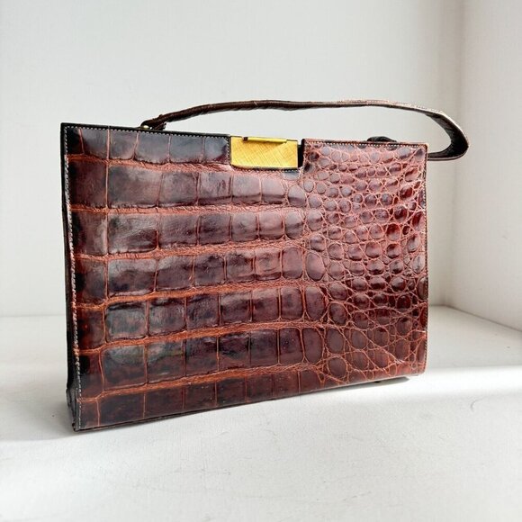Vintage 50s 60s Crock Skin Brown medium Top Handle Bag - Picture 1 of 16
